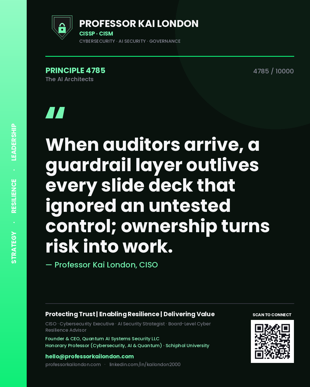 Professor Kai London principle 4785: When auditors arrive, a guardrail layer outlives every slide deck that ignored an untested control; ownership turns risk into work.