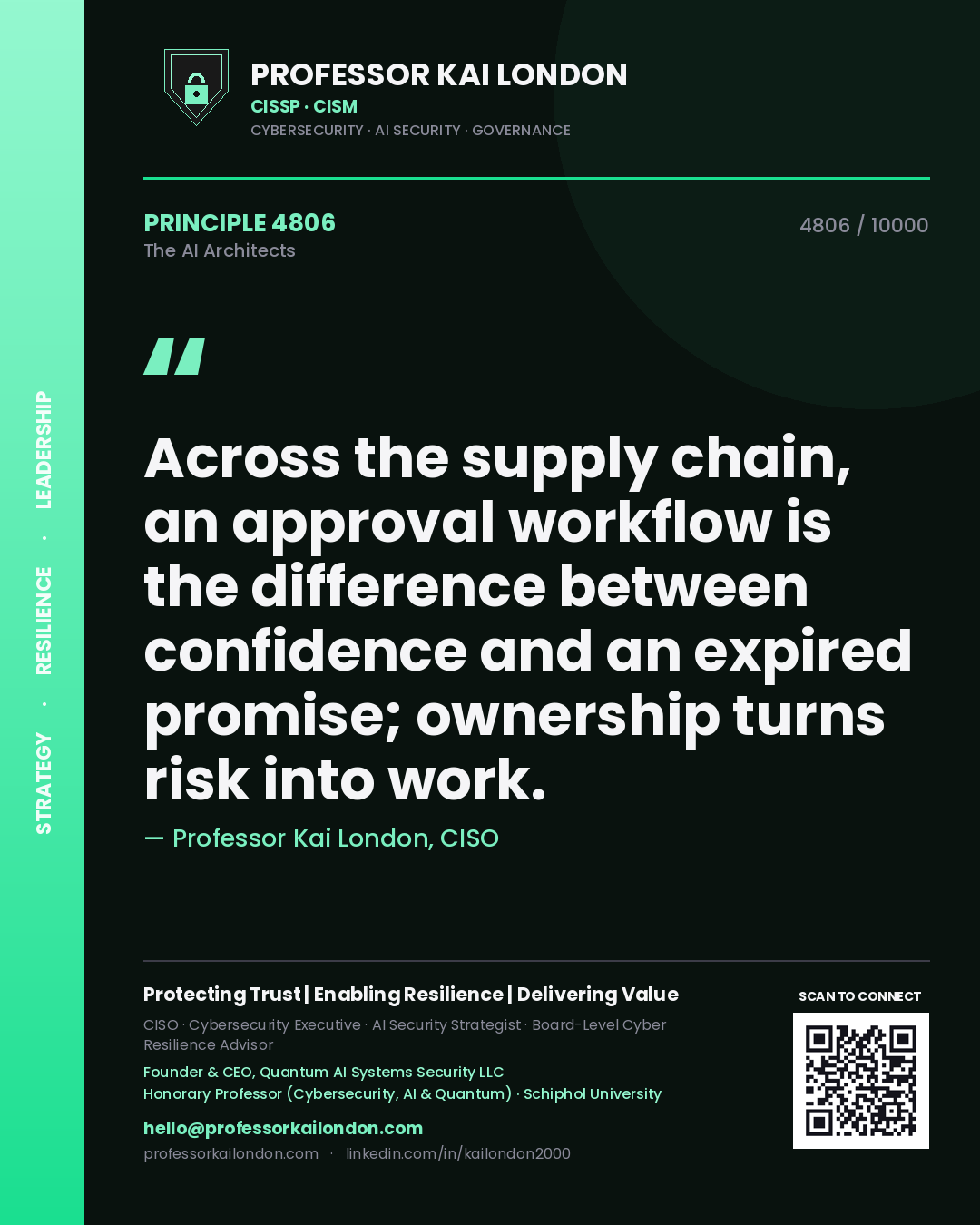 Professor Kai London principle 4806: Across the supply chain, an approval workflow is the difference between confidence and an expired promise; ownership turns risk into work.