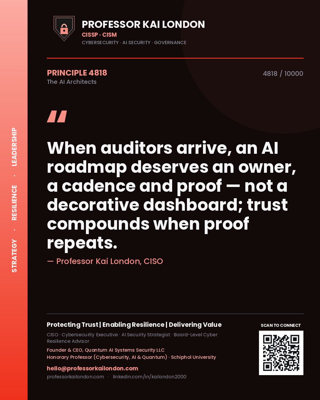 Professor Kai London principle 4818: When auditors arrive, an AI roadmap deserves an owner, a cadence and proof — not a decorative dashboard; trust compounds when proof repeats.