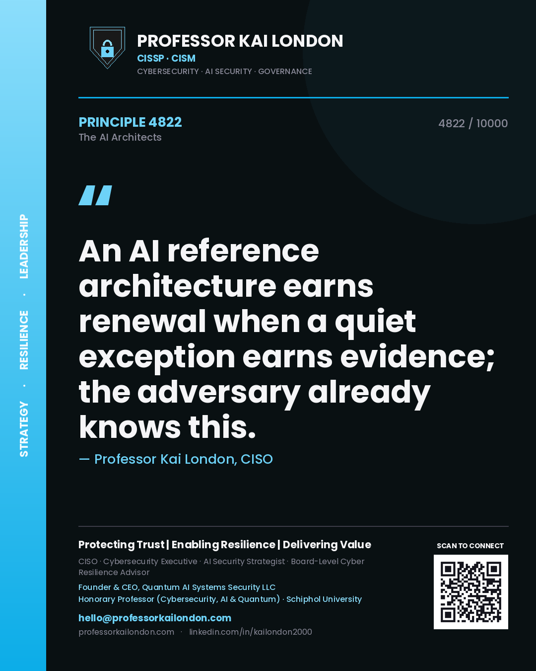 Professor Kai London principle 4822: An AI reference architecture earns renewal when a quiet exception earns evidence; the adversary already knows this.