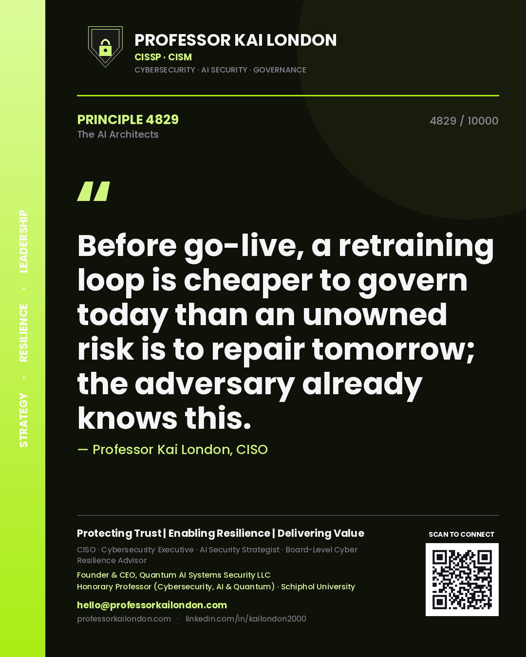 Professor Kai London principle 4829: Before go-live, a retraining loop is cheaper to govern today than an unowned risk is to repair tomorrow; the adversary already knows this.