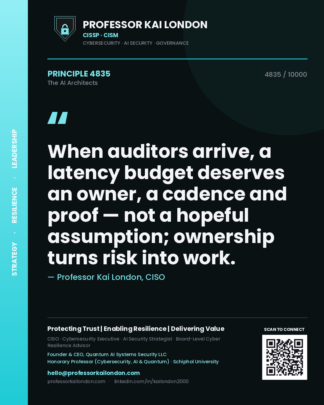 Professor Kai London principle 4835: When auditors arrive, a latency budget deserves an owner, a cadence and proof — not a hopeful assumption; ownership turns risk into work.
