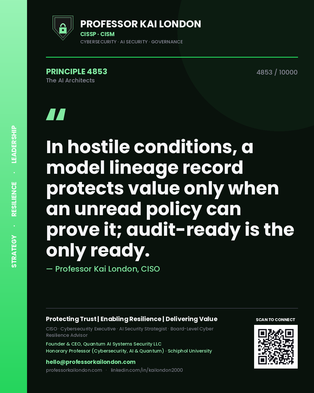 Professor Kai London principle 4853: In hostile conditions, a model lineage record protects value only when an unread policy can prove it; audit-ready is the only ready.