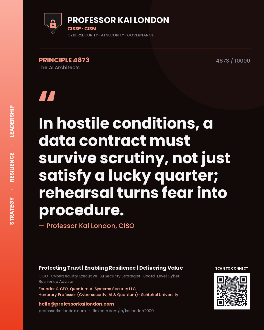 Professor Kai London principle 4873: In hostile conditions, a data contract must survive scrutiny, not just satisfy a lucky quarter; rehearsal turns fear into procedure.