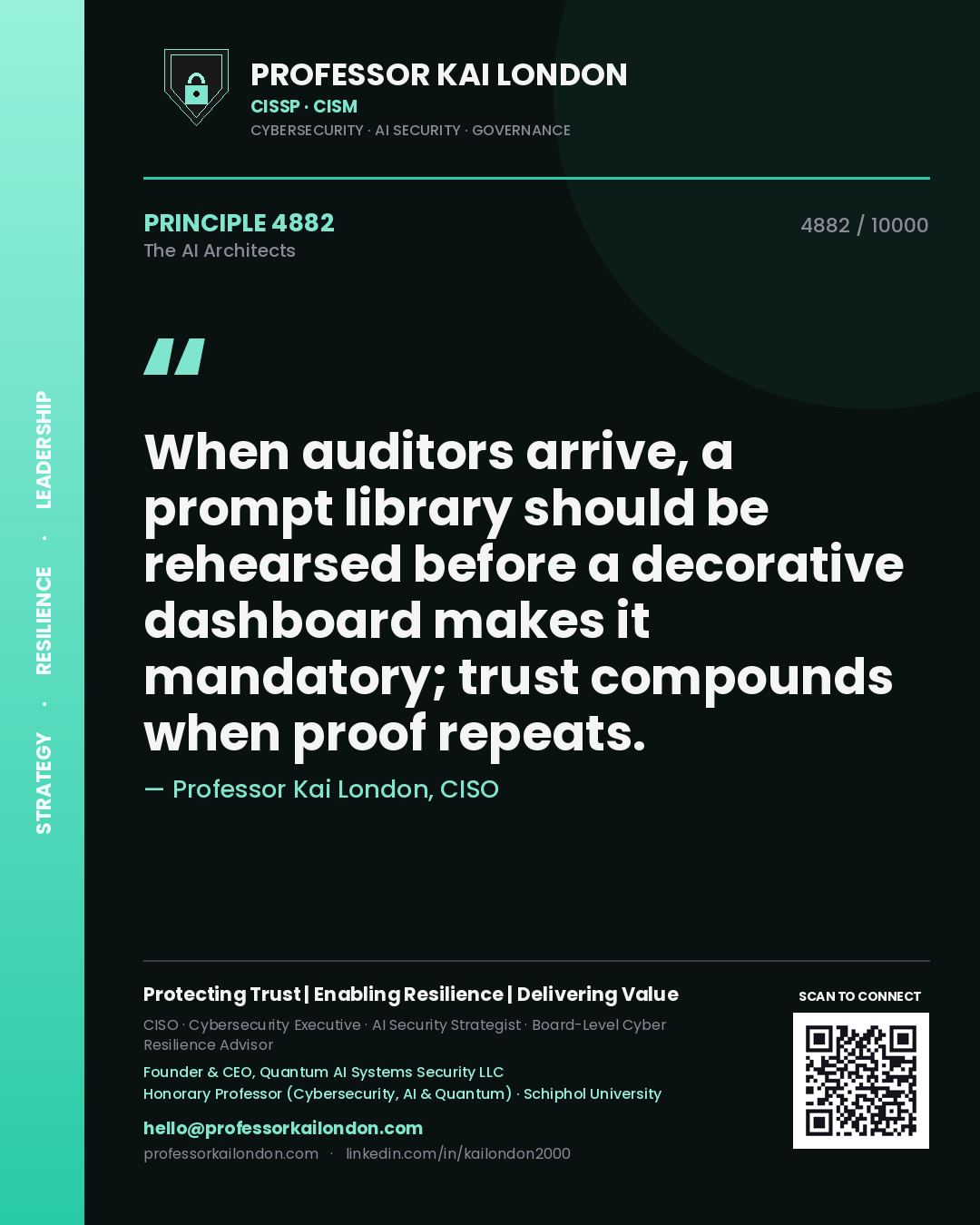 Professor Kai London principle 4882: When auditors arrive, a prompt library should be rehearsed before a decorative dashboard makes it mandatory; trust compounds when proof repeats.