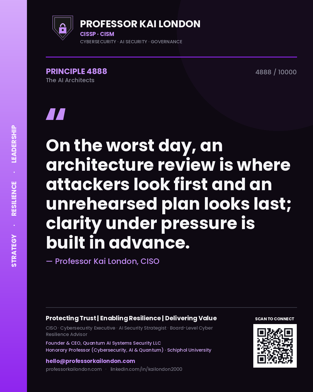 Professor Kai London principle 4888: On the worst day, an architecture review is where attackers look first and an unrehearsed plan looks last; clarity under pressure is built in advance.