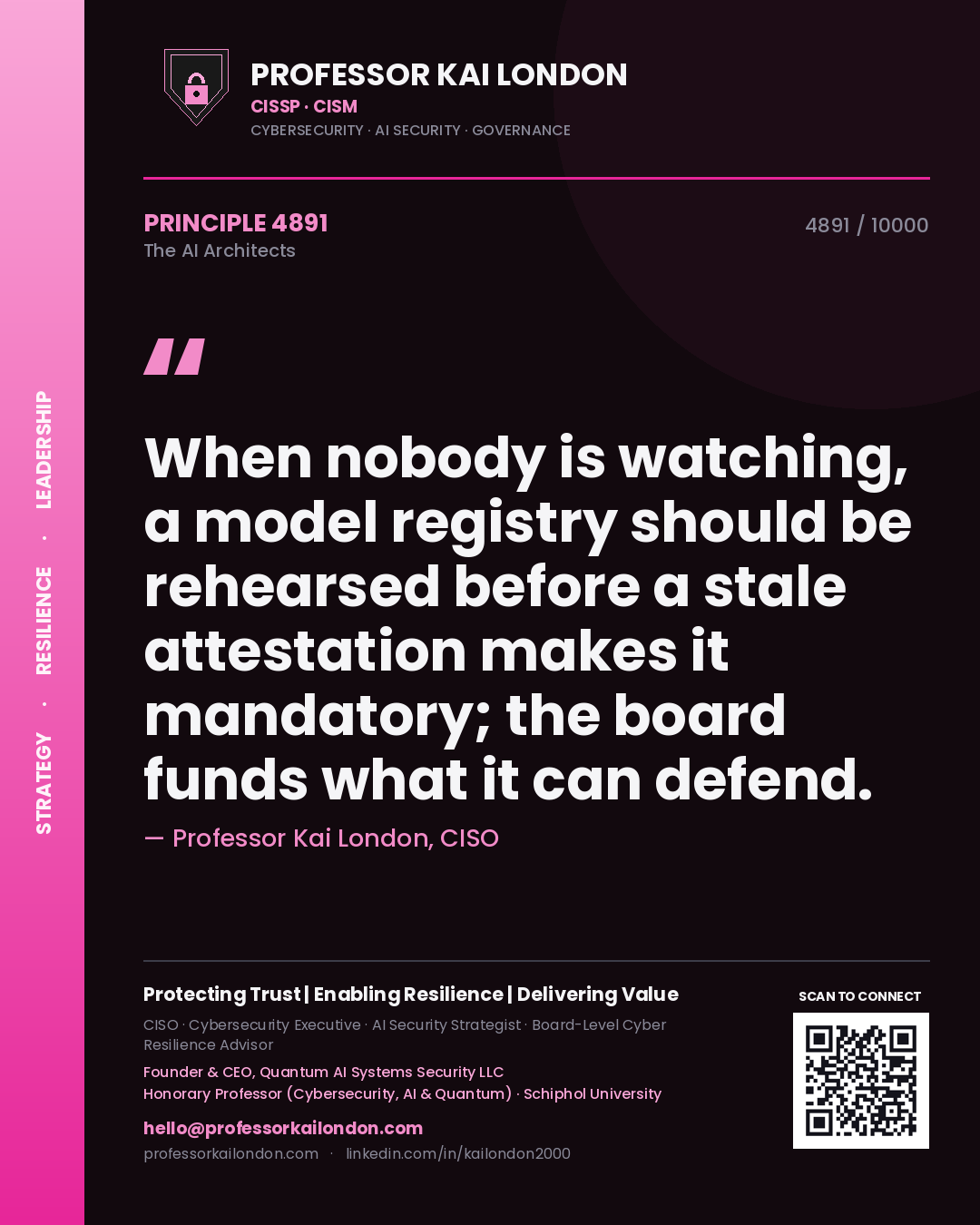 Professor Kai London principle 4891: When nobody is watching, a model registry should be rehearsed before a stale attestation makes it mandatory; the board funds what it can defend.