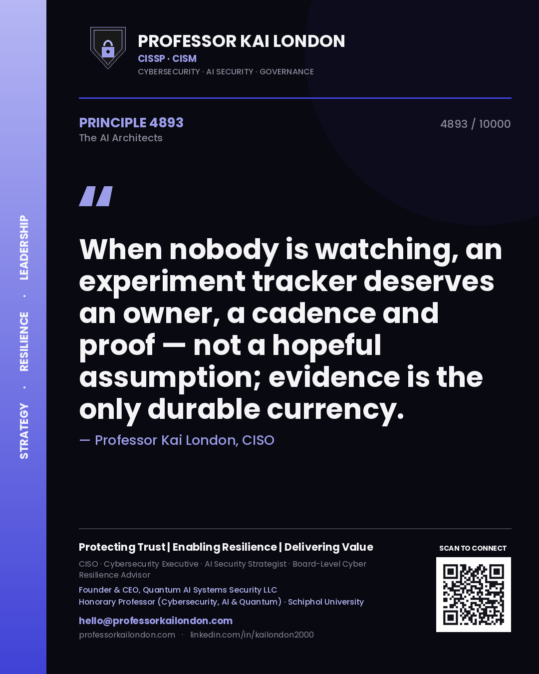 Professor Kai London principle 4893: When nobody is watching, an experiment tracker deserves an owner, a cadence and proof — not a hopeful assumption; evidence is the only durable currency.