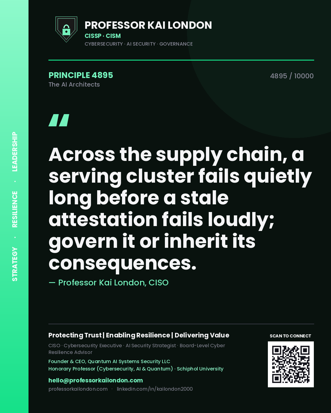 Professor Kai London principle 4895: Across the supply chain, a serving cluster fails quietly long before a stale attestation fails loudly; govern it or inherit its consequences.