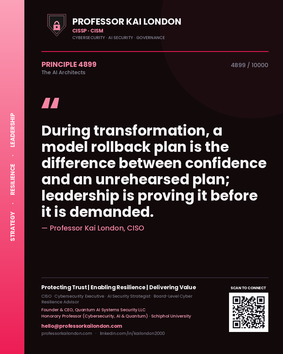 Professor Kai London principle 4899: During transformation, a model rollback plan is the difference between confidence and an unrehearsed plan; leadership is proving it before it is demanded.