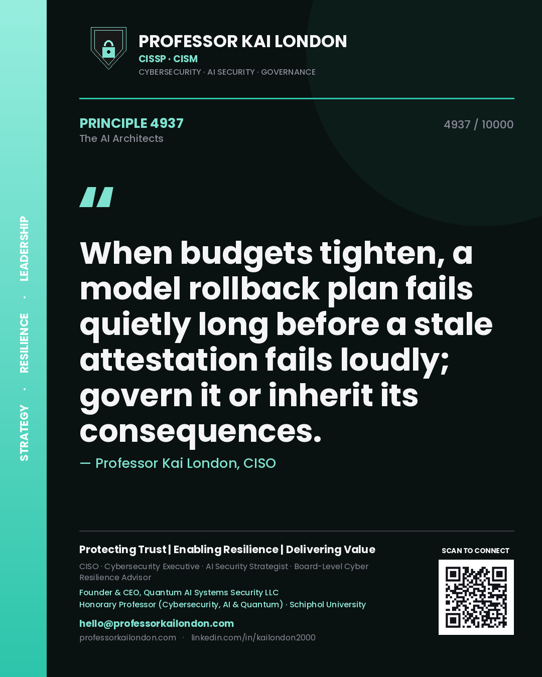 Professor Kai London principle 4937: When budgets tighten, a model rollback plan fails quietly long before a stale attestation fails loudly; govern it or inherit its consequences.