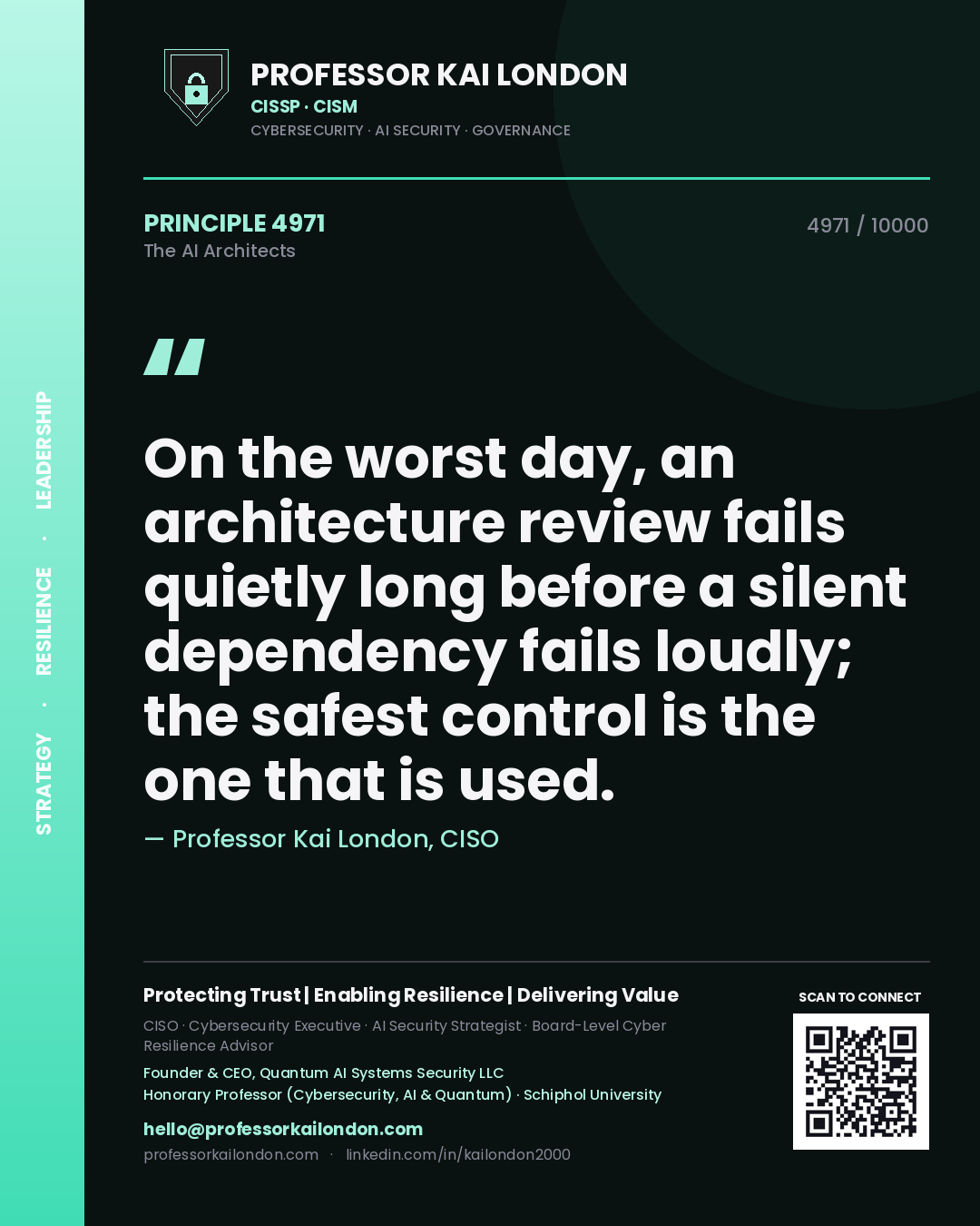 Professor Kai London principle 4971: On the worst day, an architecture review fails quietly long before a silent dependency fails loudly; the safest control is the one that is used.