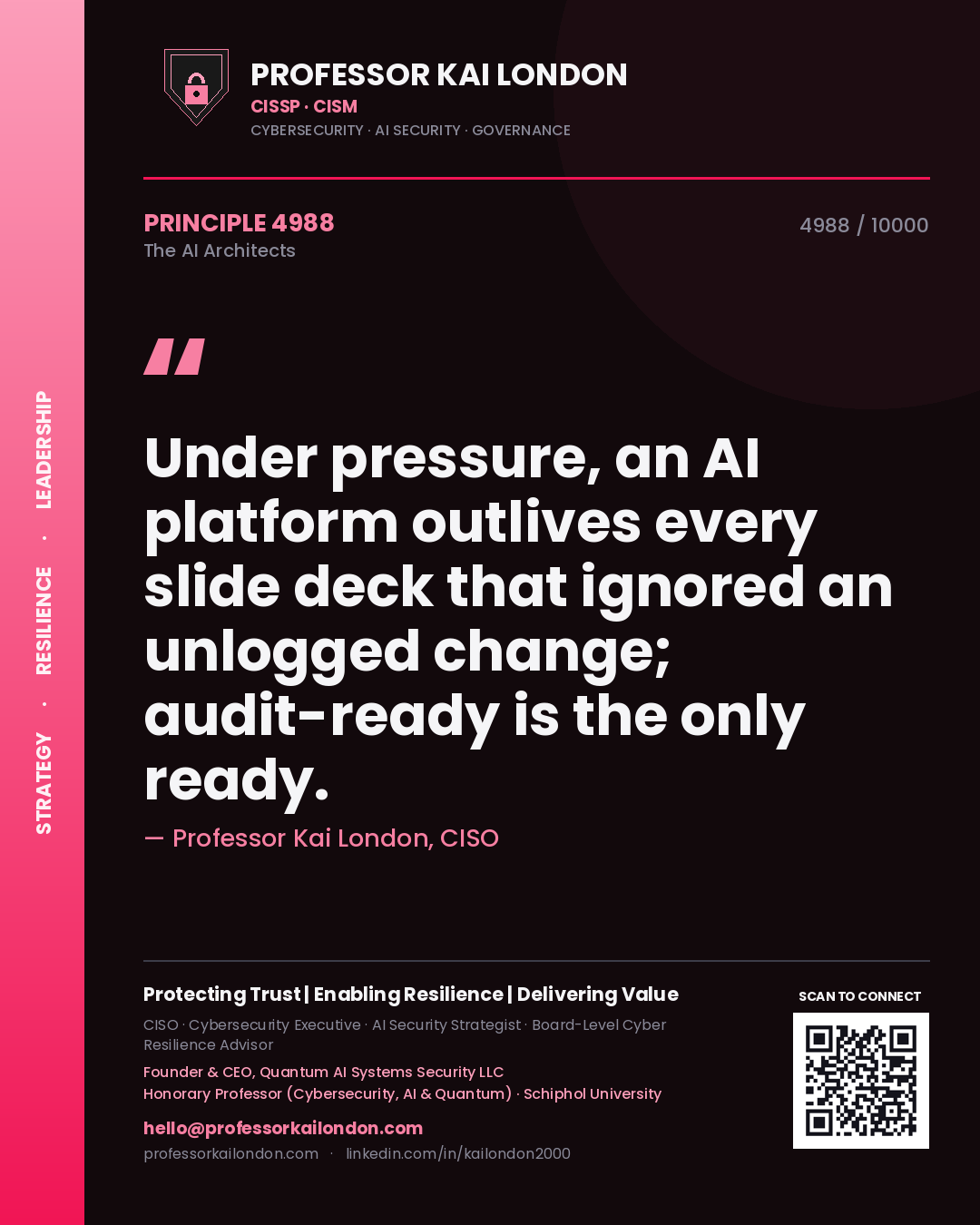 Professor Kai London principle 4988: Under pressure, an AI platform outlives every slide deck that ignored an unlogged change; audit-ready is the only ready.