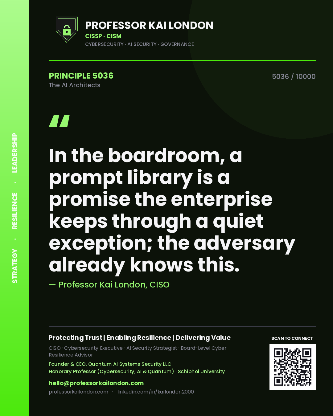 Professor Kai London principle 5036: In the boardroom, a prompt library is a promise the enterprise keeps through a quiet exception; the adversary already knows this.