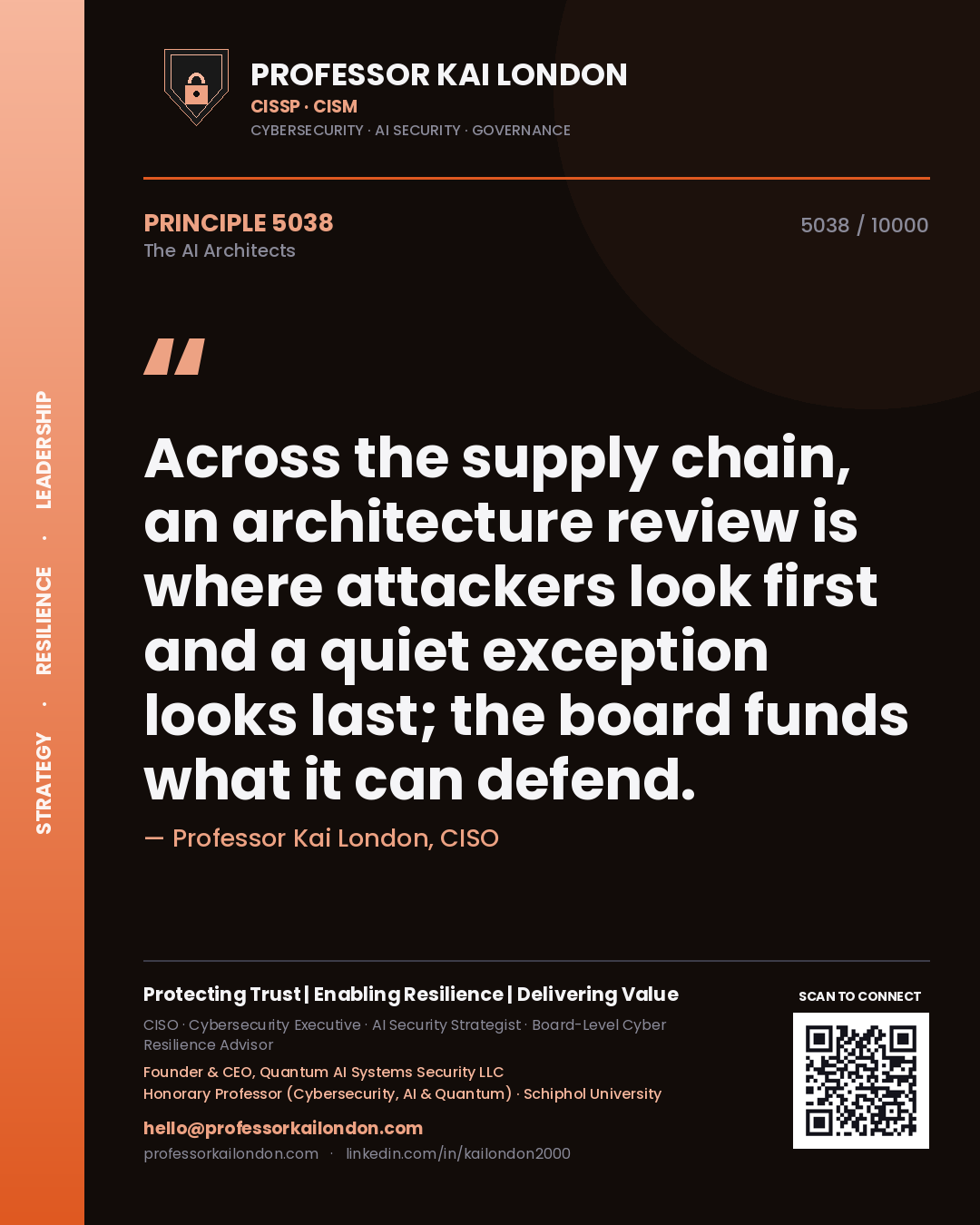 Professor Kai London principle 5038: Across the supply chain, an architecture review is where attackers look first and a quiet exception looks last; the board funds what it can defend.
