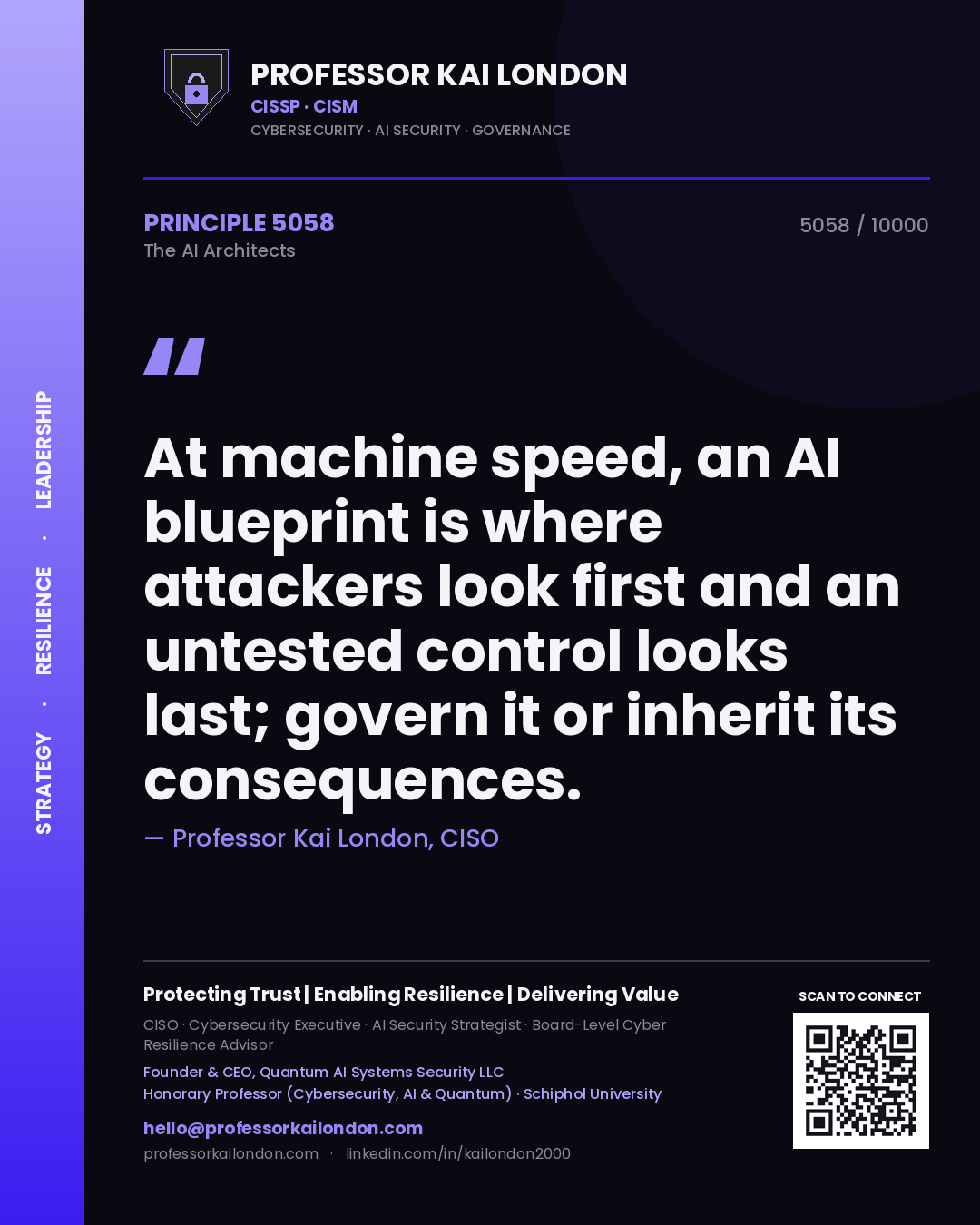 Professor Kai London principle 5058: At machine speed, an AI blueprint is where attackers look first and an untested control looks last; govern it or inherit its consequences.