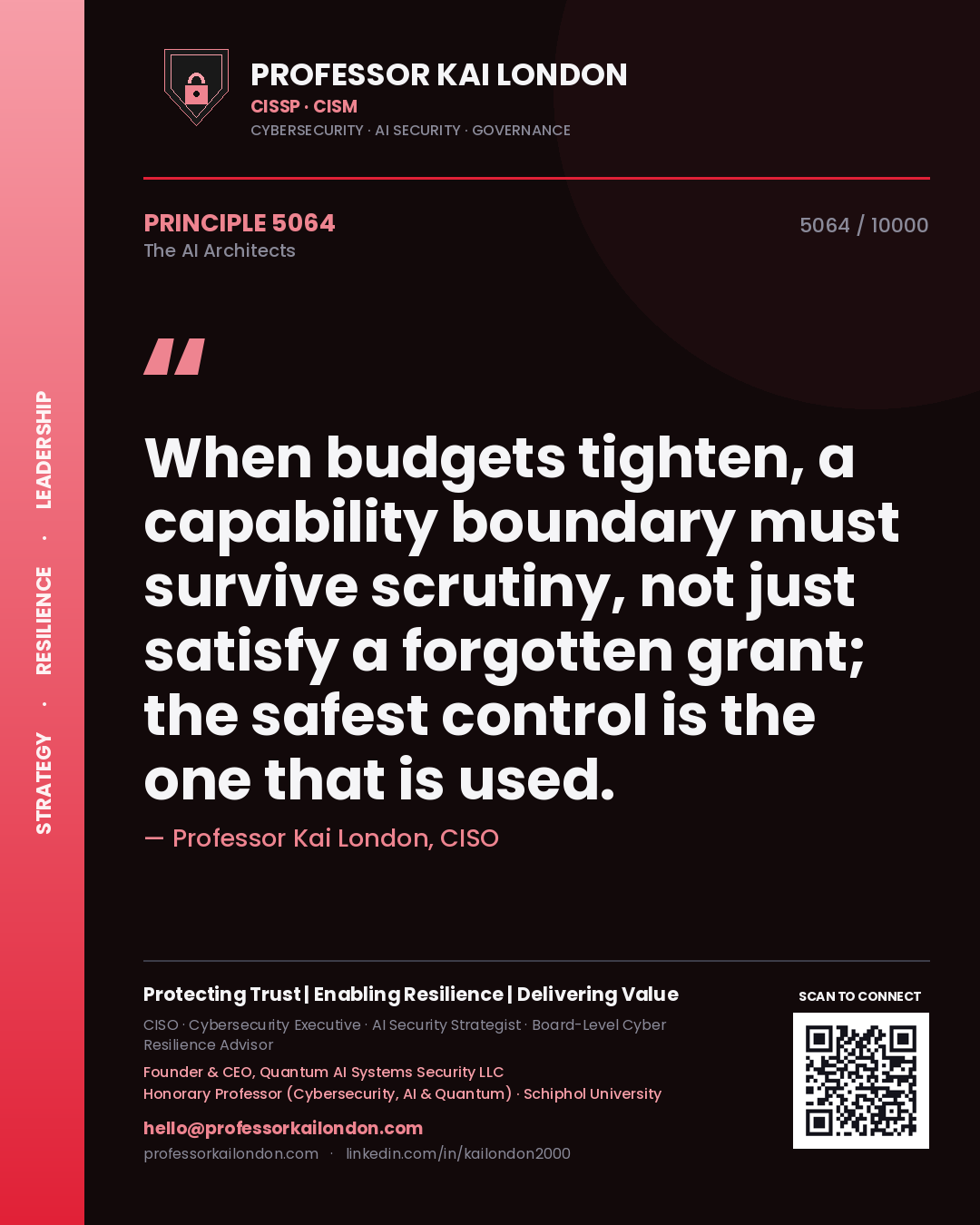 Professor Kai London principle 5064: When budgets tighten, a capability boundary must survive scrutiny, not just satisfy a forgotten grant; the safest control is the one that is used.