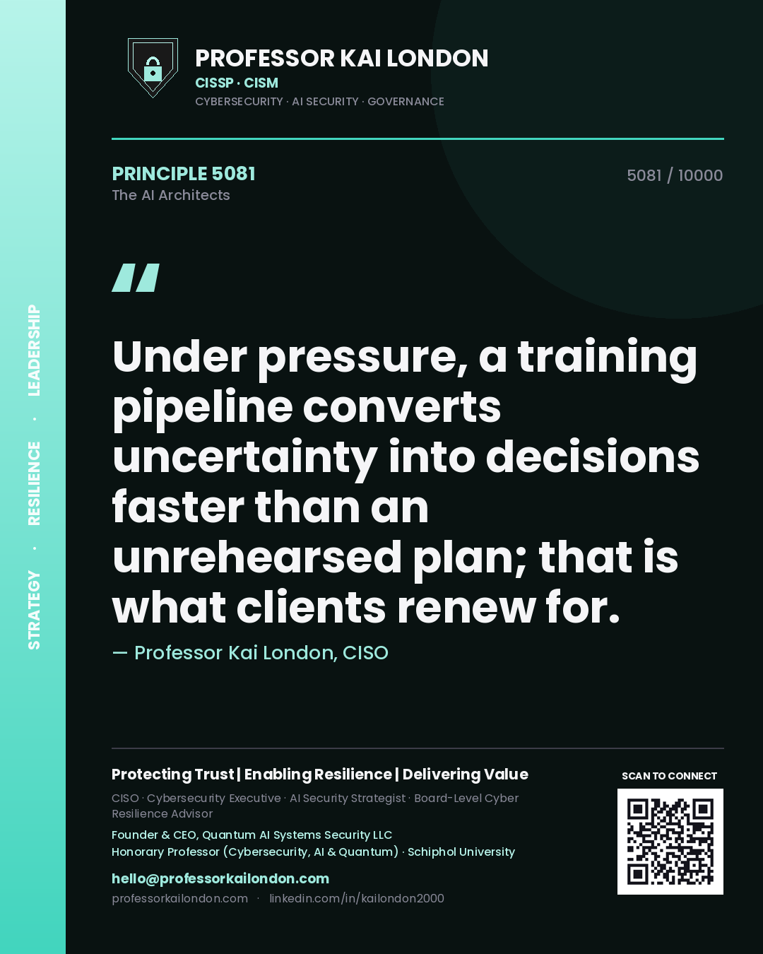 Professor Kai London principle 5081: Under pressure, a training pipeline converts uncertainty into decisions faster than an unrehearsed plan; that is what clients renew for.