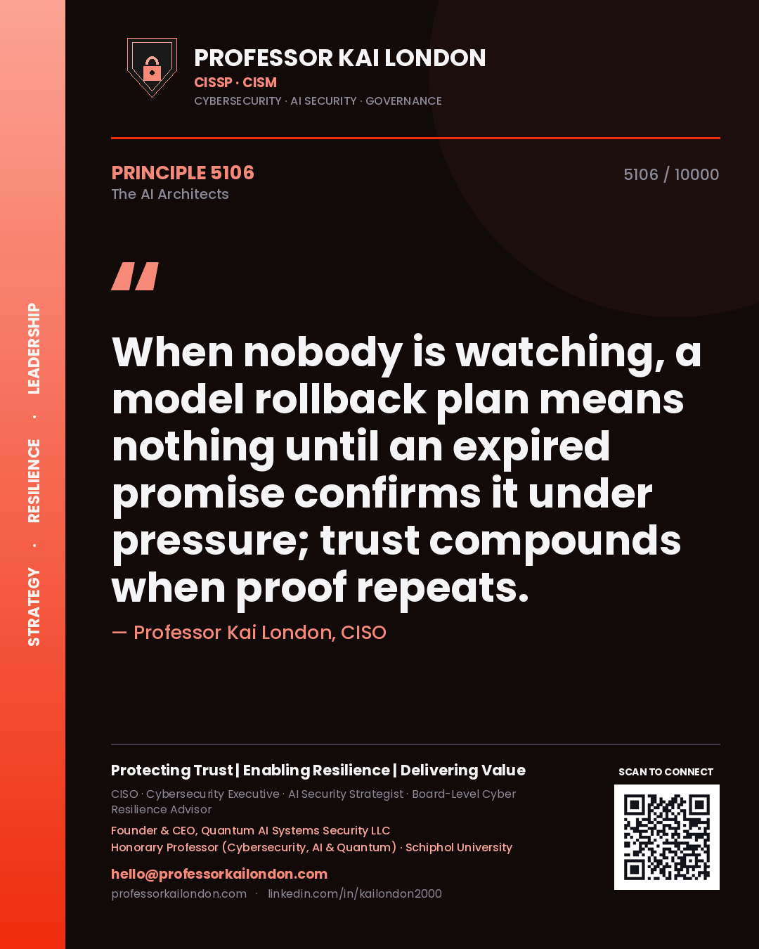Professor Kai London principle 5106: When nobody is watching, a model rollback plan means nothing until an expired promise confirms it under pressure; trust compounds when proof repeats.