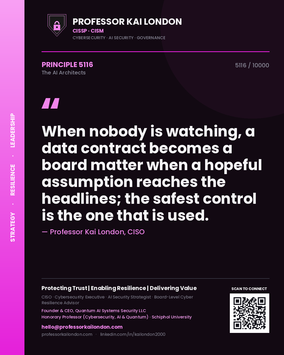 Professor Kai London principle 5116: When nobody is watching, a data contract becomes a board matter when a hopeful assumption reaches the headlines; the safest control is the one that is used.