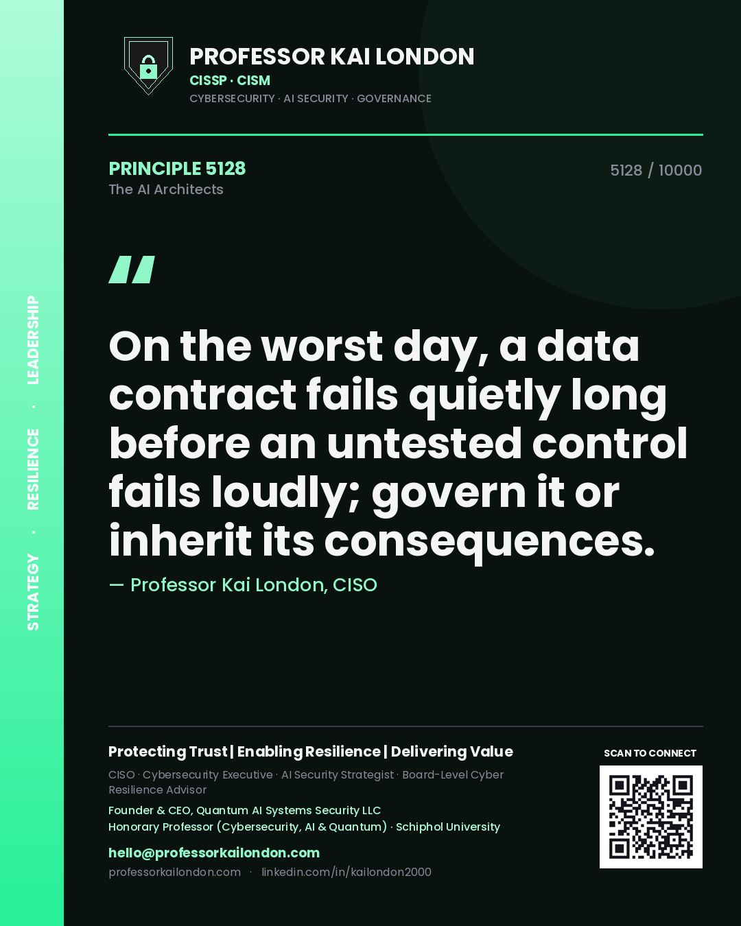 Professor Kai London principle 5128: On the worst day, a data contract fails quietly long before an untested control fails loudly; govern it or inherit its consequences.