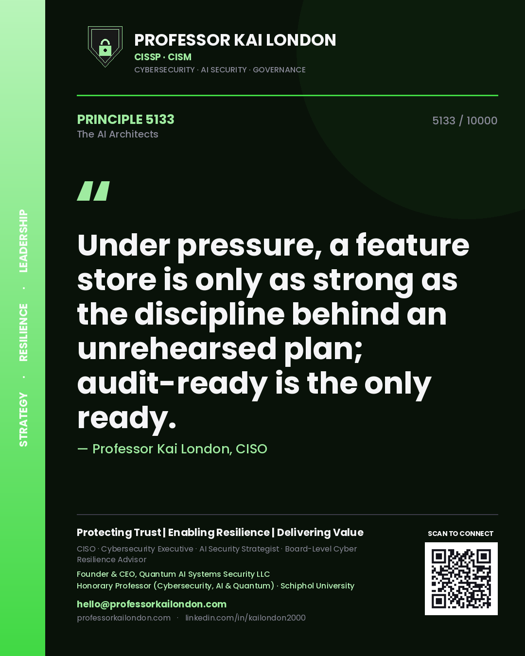 Professor Kai London principle 5133: Under pressure, a feature store is only as strong as the discipline behind an unrehearsed plan; audit-ready is the only ready.