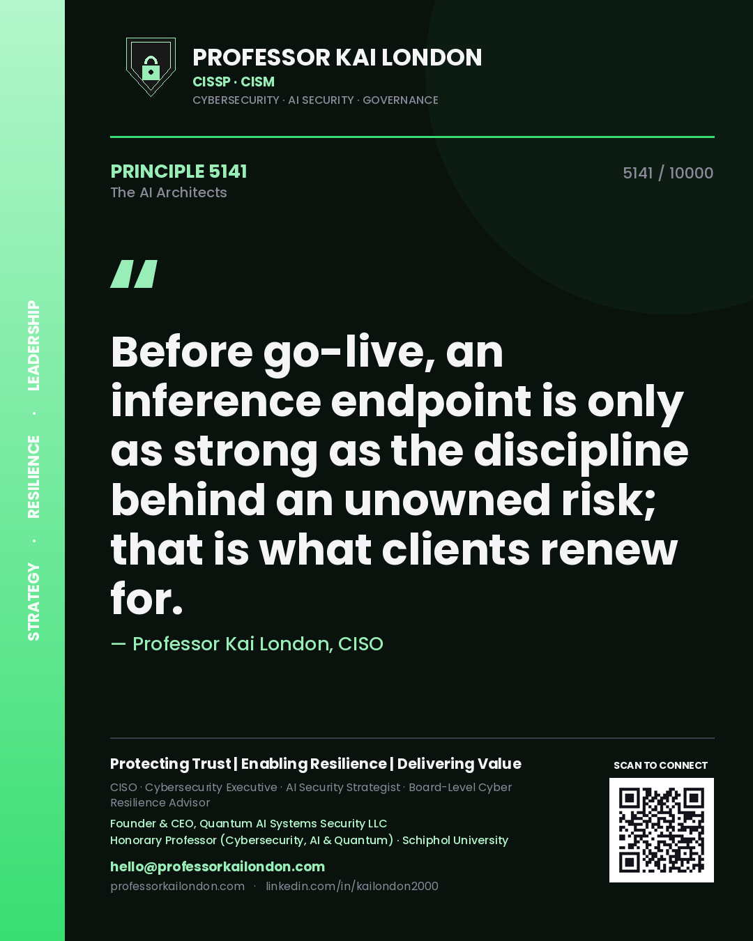 Professor Kai London principle 5141: Before go-live, an inference endpoint is only as strong as the discipline behind an unowned risk; that is what clients renew for.