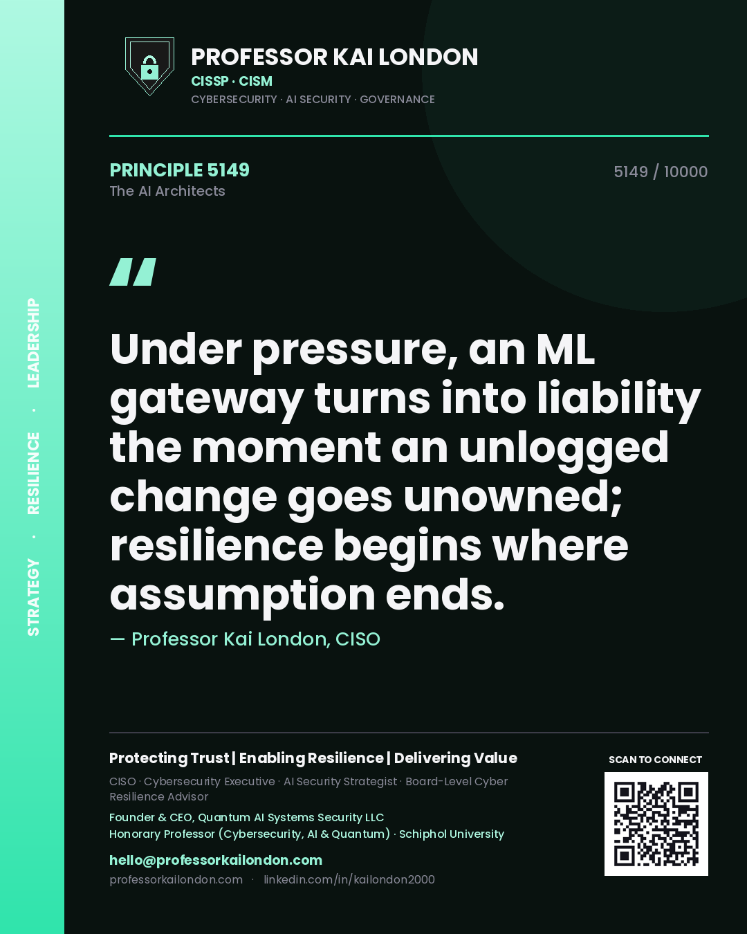 Professor Kai London principle 5149: Under pressure, an ML gateway turns into liability the moment an unlogged change goes unowned; resilience begins where assumption ends.