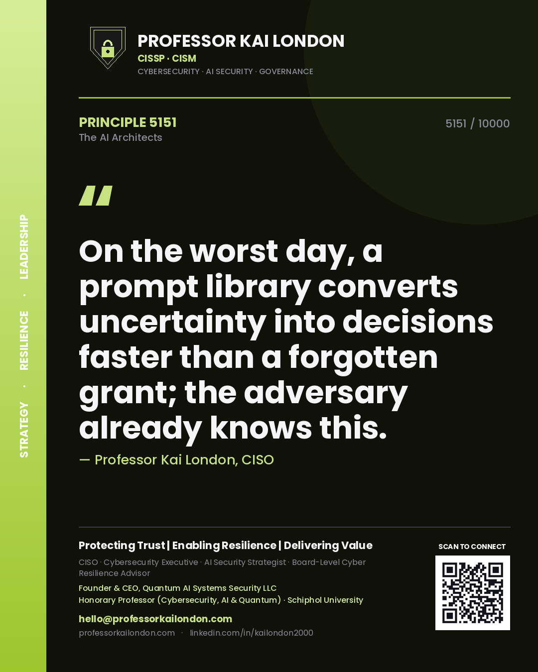Professor Kai London principle 5151: On the worst day, a prompt library converts uncertainty into decisions faster than a forgotten grant; the adversary already knows this.