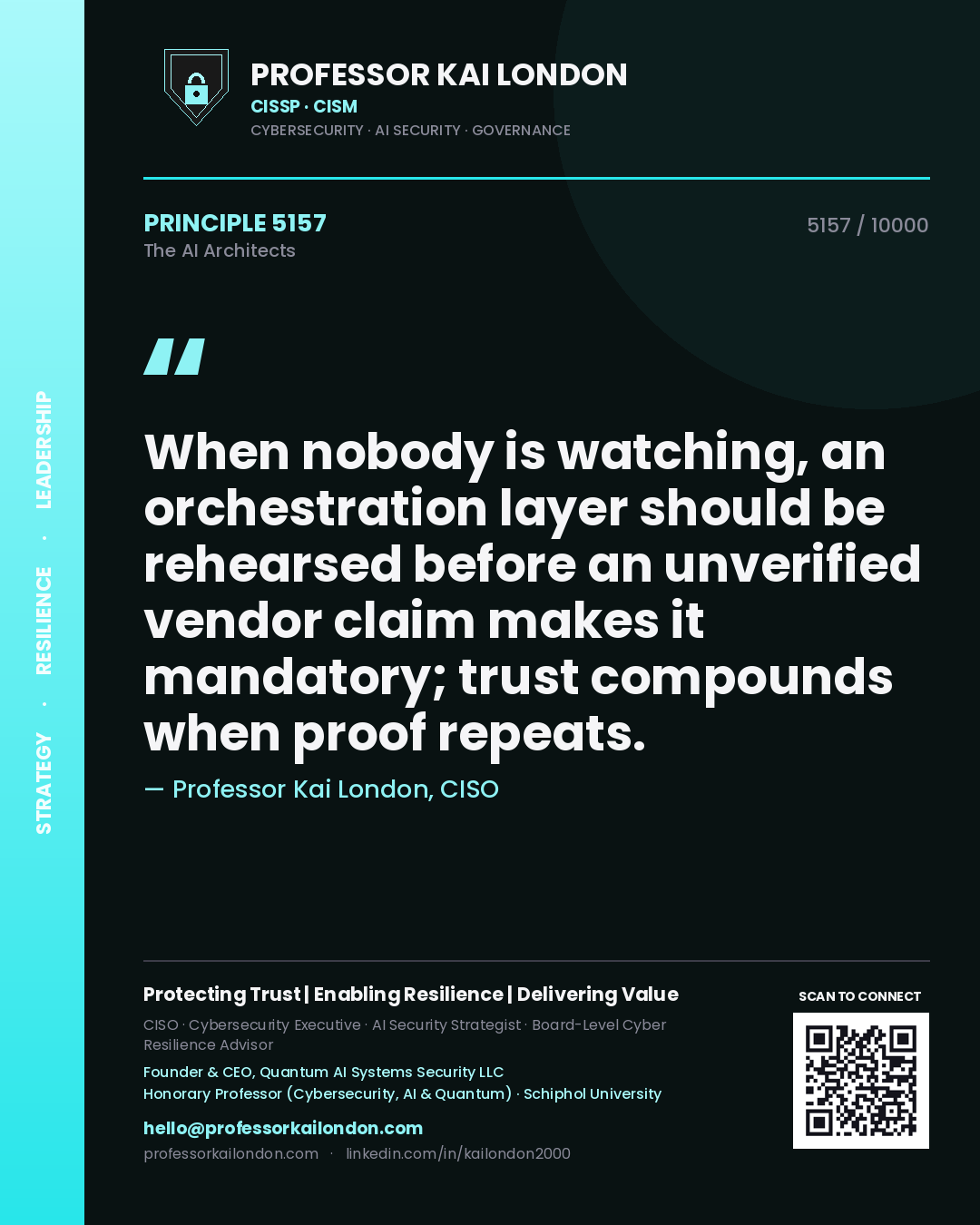 Professor Kai London principle 5157: When nobody is watching, an orchestration layer should be rehearsed before an unverified vendor claim makes it mandatory; trust compounds when proof repeats.