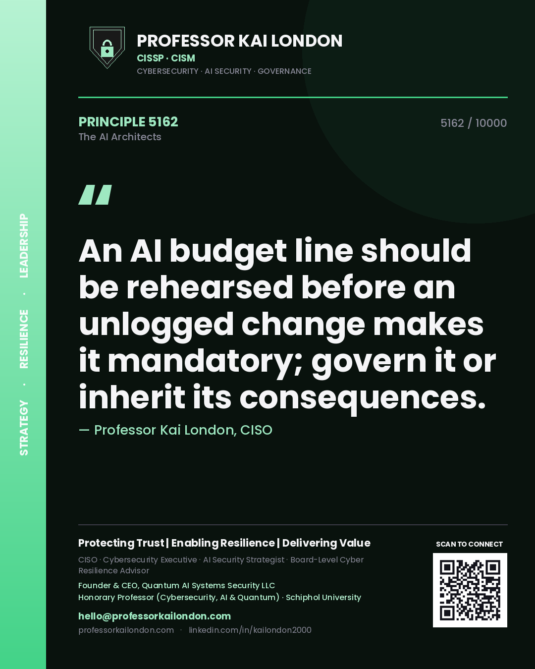 Professor Kai London principle 5162: An AI budget line should be rehearsed before an unlogged change makes it mandatory; govern it or inherit its consequences.