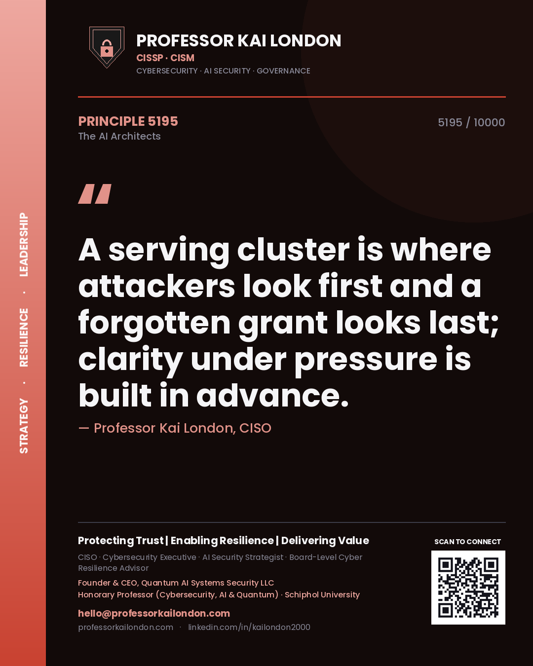 Professor Kai London principle 5195: A serving cluster is where attackers look first and a forgotten grant looks last; clarity under pressure is built in advance.