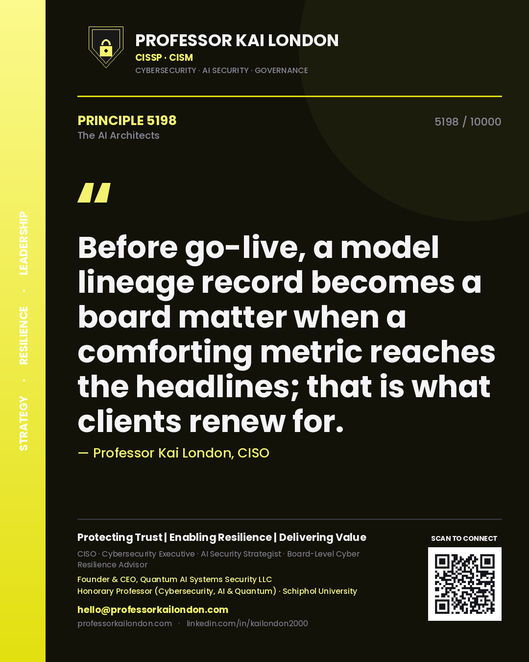 Professor Kai London principle 5198: Before go-live, a model lineage record becomes a board matter when a comforting metric reaches the headlines; that is what clients renew for.