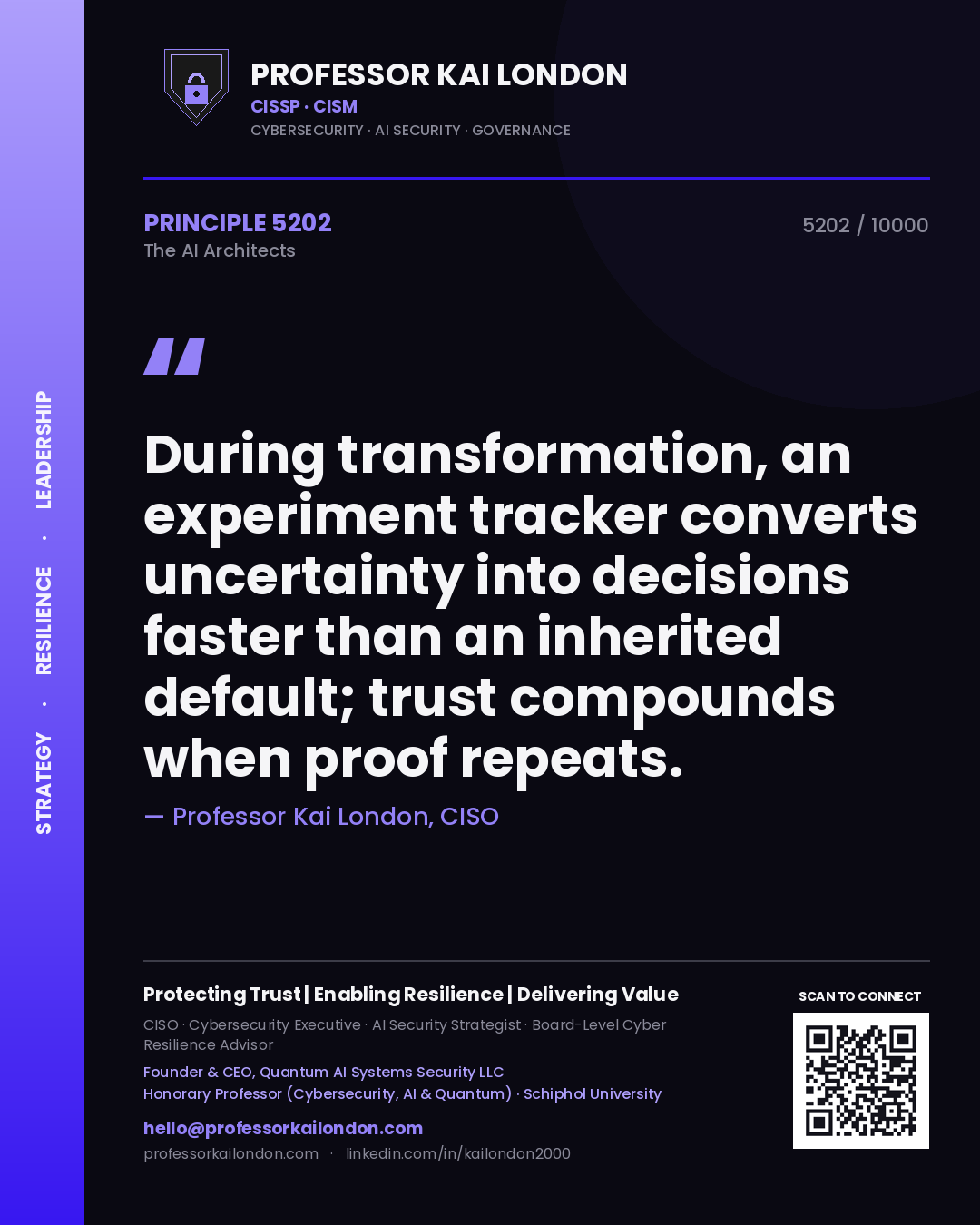 Professor Kai London principle 5202: During transformation, an experiment tracker converts uncertainty into decisions faster than an inherited default; trust compounds when proof repeats.