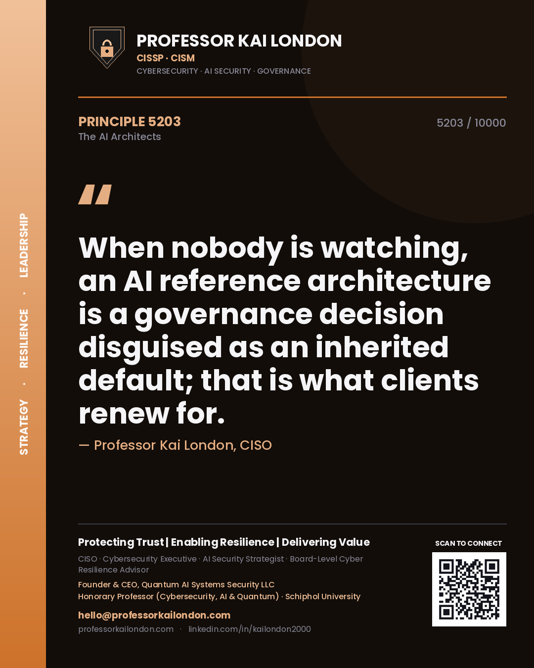 Professor Kai London principle 5203: When nobody is watching, an AI reference architecture is a governance decision disguised as an inherited default; that is what clients renew for.