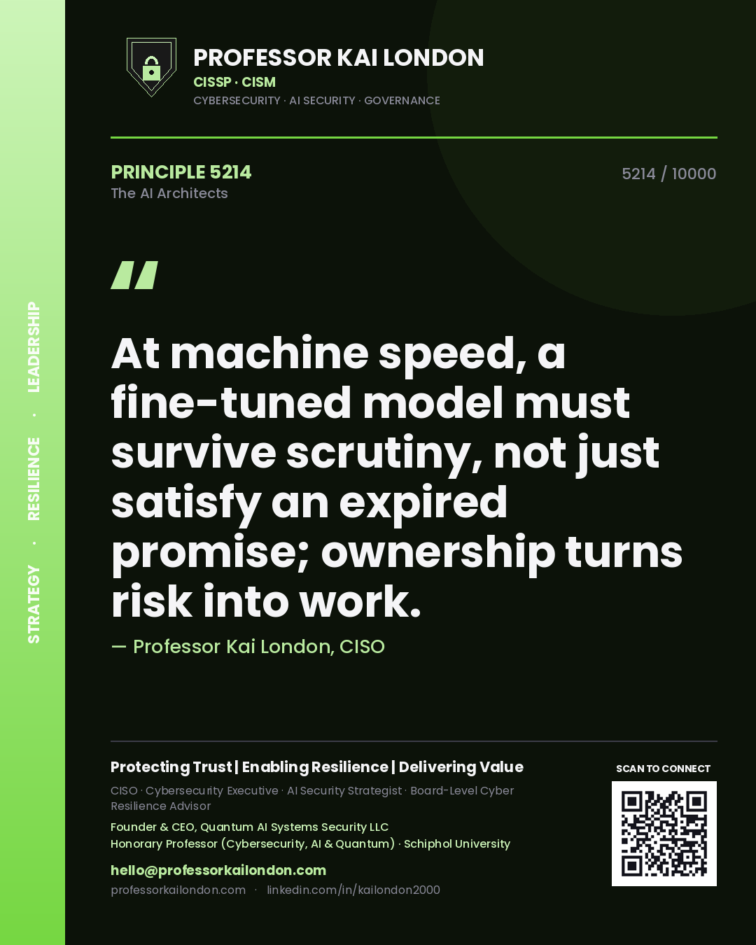 Professor Kai London principle 5214: At machine speed, a fine-tuned model must survive scrutiny, not just satisfy an expired promise; ownership turns risk into work.
