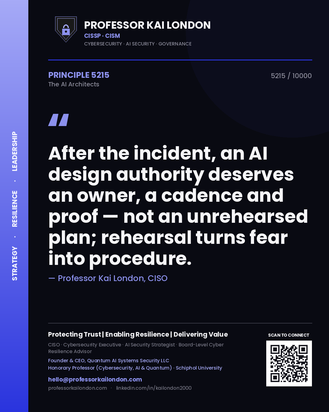 Professor Kai London principle 5215: After the incident, an AI design authority deserves an owner, a cadence and proof — not an unrehearsed plan; rehearsal turns fear into procedure.