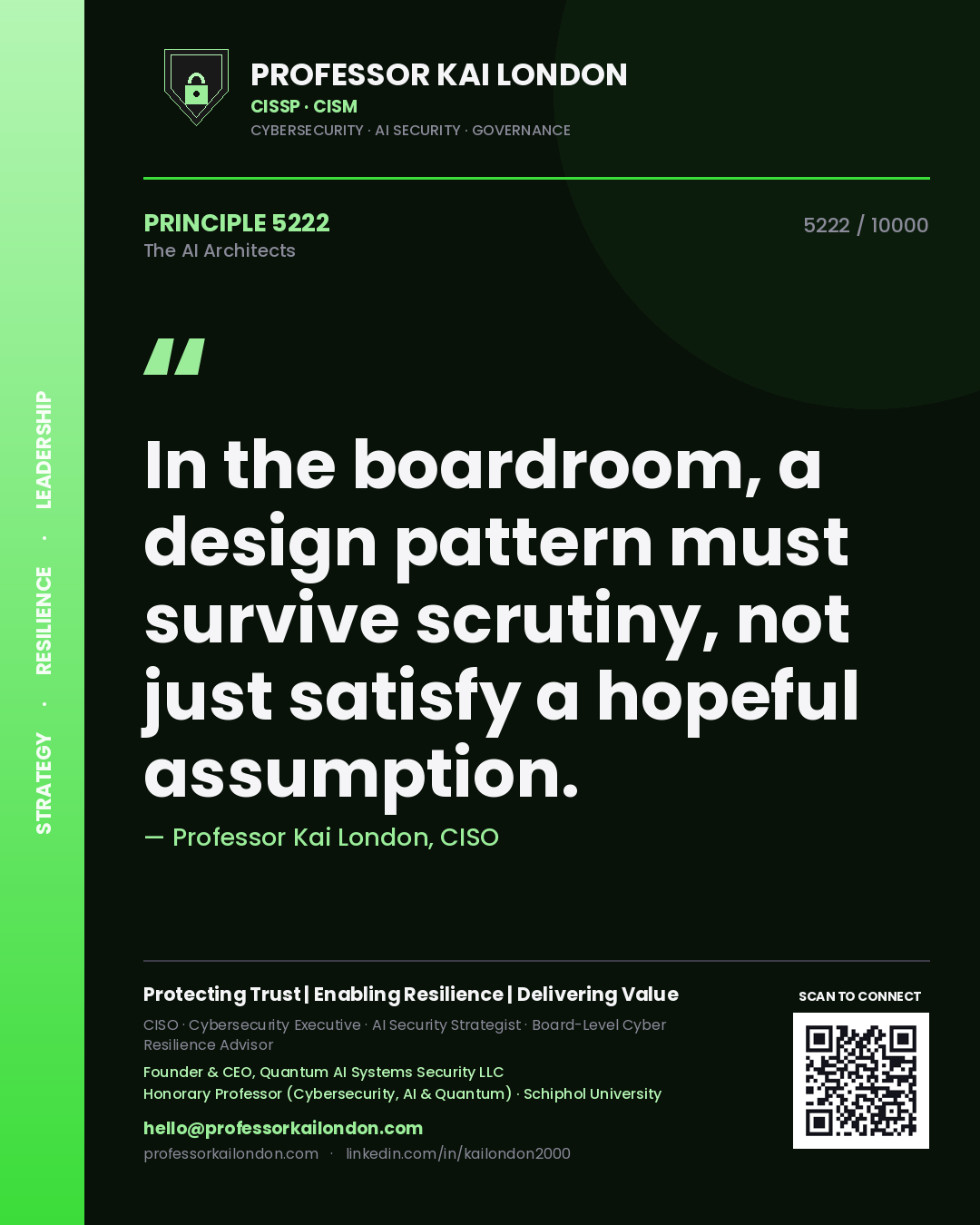 Professor Kai London principle 5222: In the boardroom, a design pattern must survive scrutiny, not just satisfy a hopeful assumption.