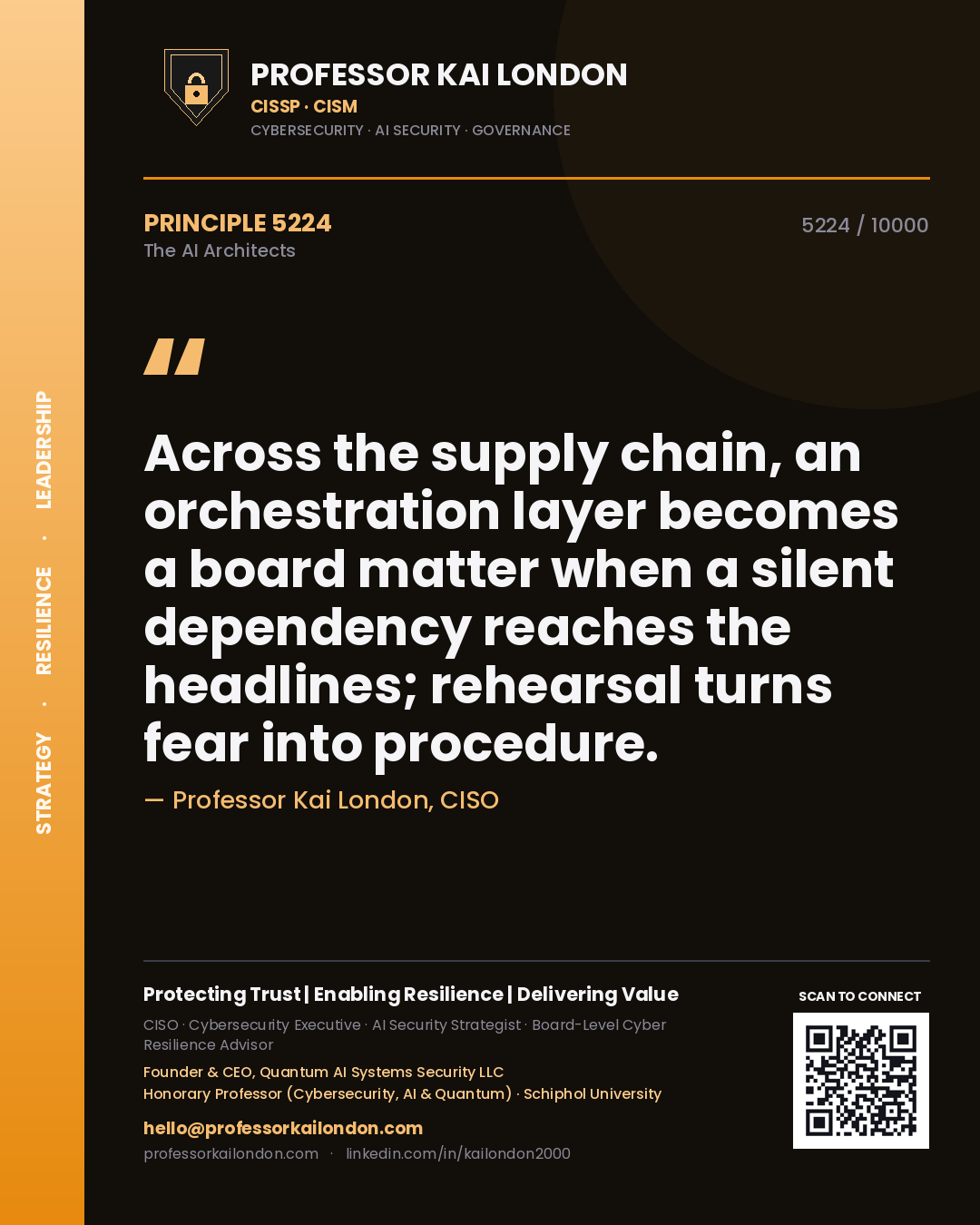 Professor Kai London principle 5224: Across the supply chain, an orchestration layer becomes a board matter when a silent dependency reaches the headlines; rehearsal turns fear into procedure.