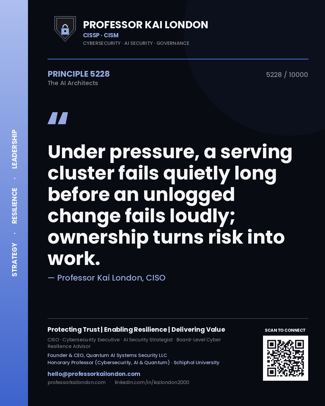 Professor Kai London principle 5228: Under pressure, a serving cluster fails quietly long before an unlogged change fails loudly; ownership turns risk into work.