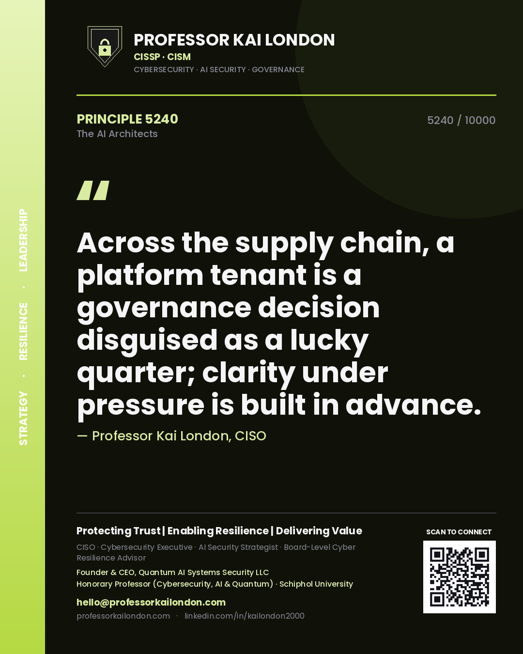 Professor Kai London principle 5240: Across the supply chain, a platform tenant is a governance decision disguised as a lucky quarter; clarity under pressure is built in advance.