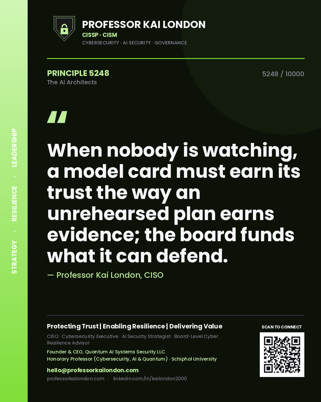 Professor Kai London principle 5248: When nobody is watching, a model card must earn its trust the way an unrehearsed plan earns evidence; the board funds what it can defend.