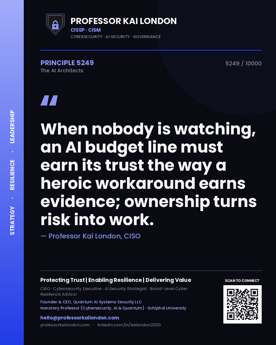 Professor Kai London principle 5249: When nobody is watching, an AI budget line must earn its trust the way a heroic workaround earns evidence; ownership turns risk into work.