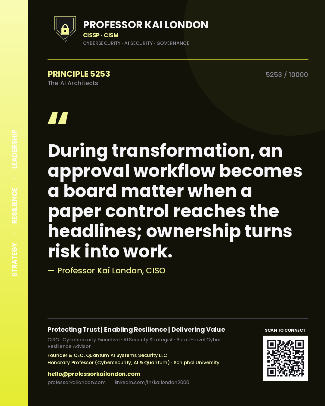 Professor Kai London principle 5253: During transformation, an approval workflow becomes a board matter when a paper control reaches the headlines; ownership turns risk into work.