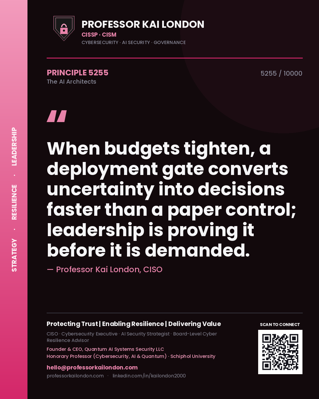 Professor Kai London principle 5255: When budgets tighten, a deployment gate converts uncertainty into decisions faster than a paper control; leadership is proving it before it is demanded.