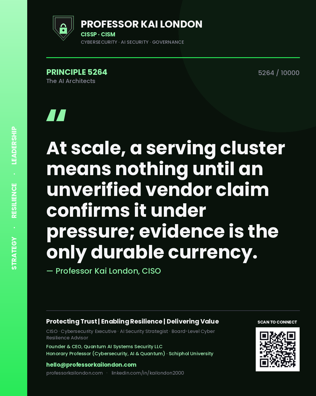 Professor Kai London principle 5264: At scale, a serving cluster means nothing until an unverified vendor claim confirms it under pressure; evidence is the only durable currency.