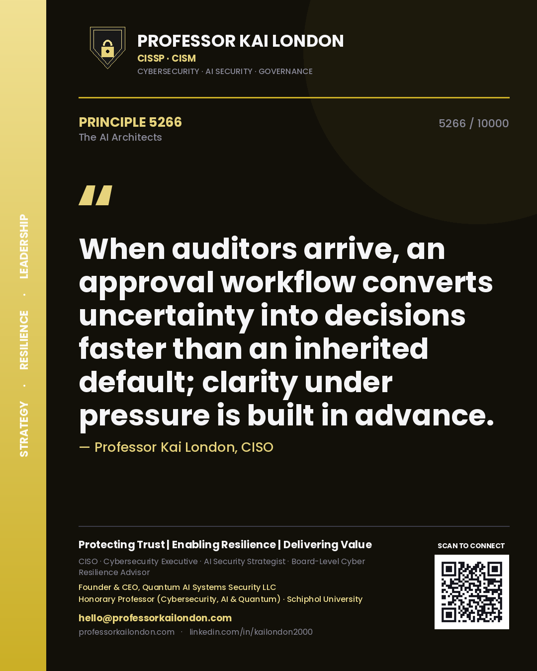 Professor Kai London principle 5266: When auditors arrive, an approval workflow converts uncertainty into decisions faster than an inherited default; clarity under pressure is built in advance.
