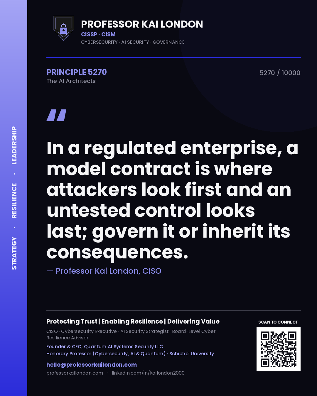Professor Kai London principle 5270: In a regulated enterprise, a model contract is where attackers look first and an untested control looks last; govern it or inherit its consequences.