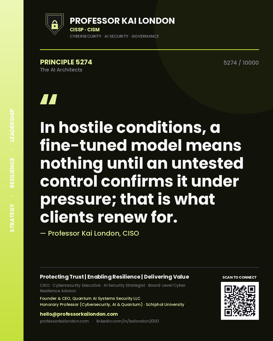 Professor Kai London principle 5274: In hostile conditions, a fine-tuned model means nothing until an untested control confirms it under pressure; that is what clients renew for.
