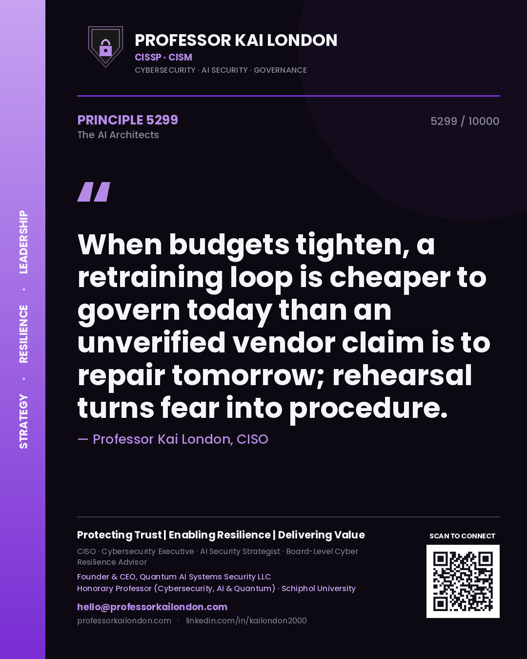 Professor Kai London principle 5299: When budgets tighten, a retraining loop is cheaper to govern today than an unverified vendor claim is to repair tomorrow; rehearsal turns fear into procedure.